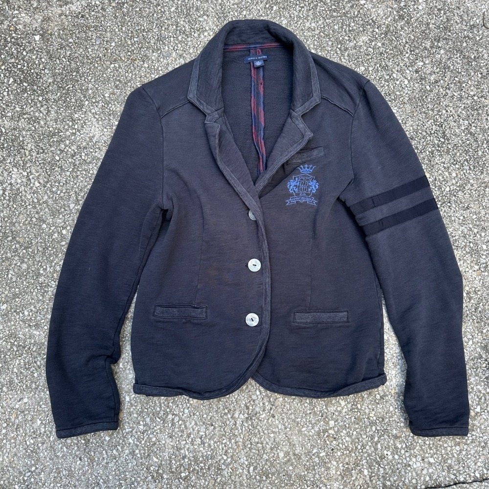 Tommy Hilfiger Womens Knit Blazer Crest Logo Varsity Stripe Jacket Gray Medium